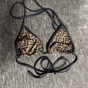 Fendi Zucca Brown Black FF Logo Triangle Bikini Top Size 40 S Small